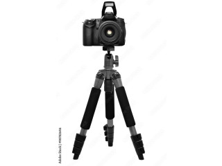 Photo and video Heavy tripod with nonexistent DSLR camera on isolated